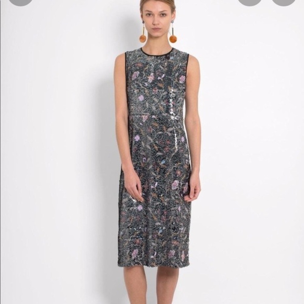 Rachel Zoe Black Sequin Floral Sleeveless Midi Sheath Dress Round Neck Button